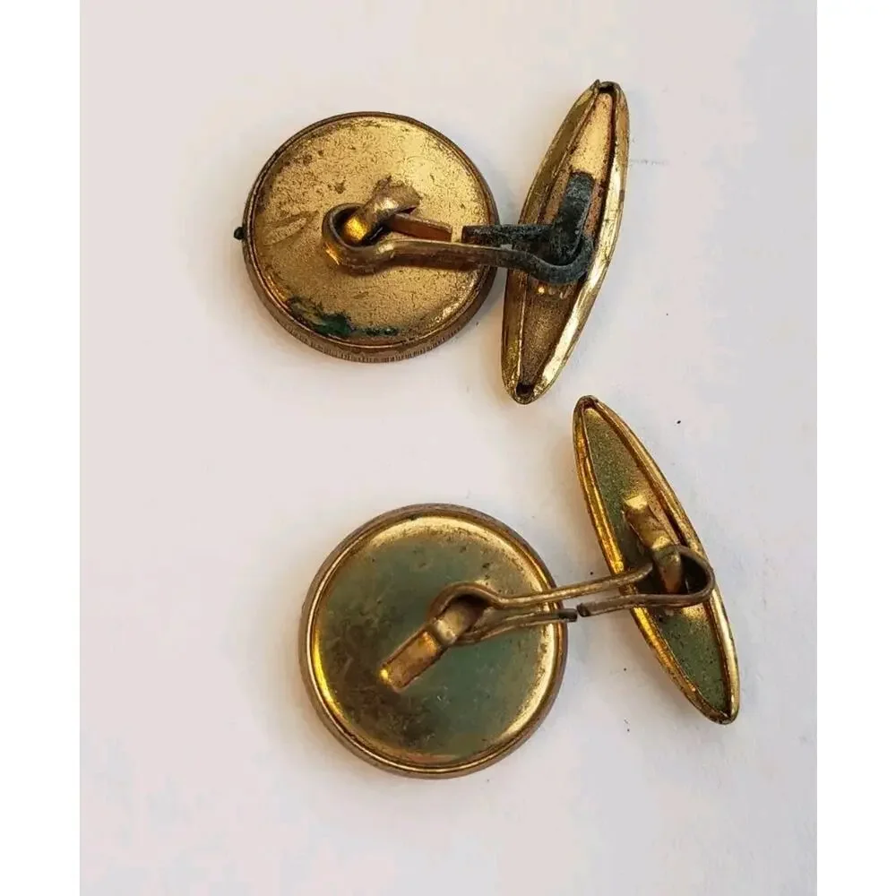 Pair Vintage Cufflinks Gold Tone Unmarked Round Horseless Carriage Antique‎ Cars